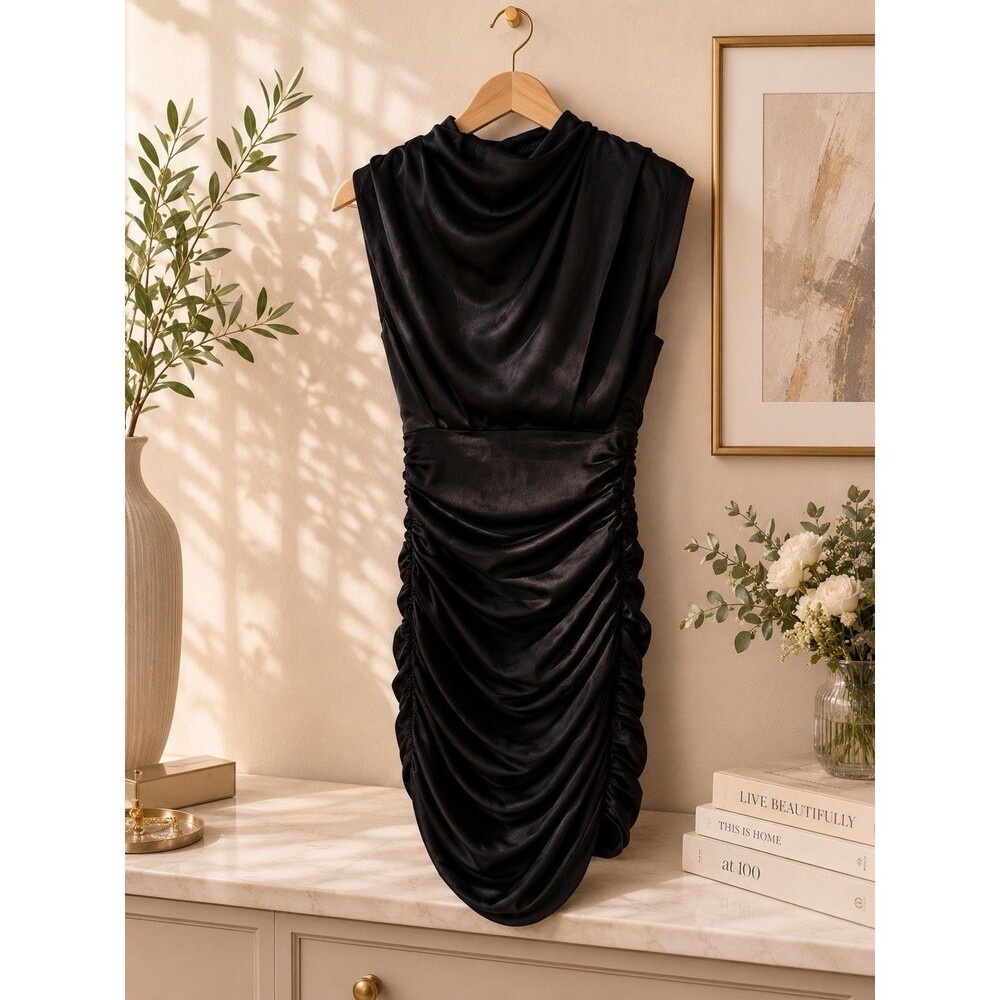 Babaton Aritzia Hasek Black Satin Ruched Mini Dress Cowl High Neck Size 2 EUC